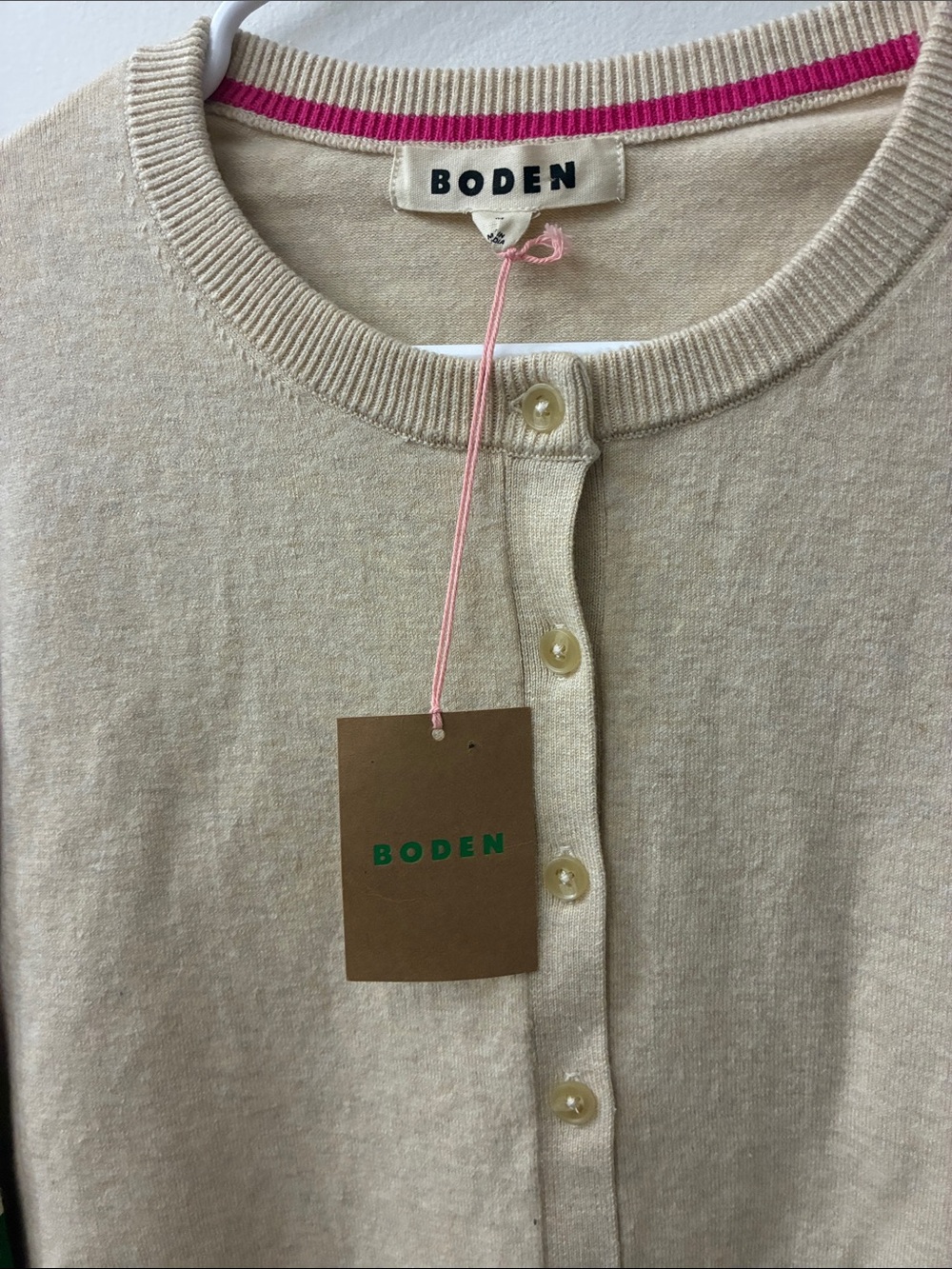 Boden NWT tan Button-Front Sweater with Pink & Green Stripe - medium - Picture 2 of 5